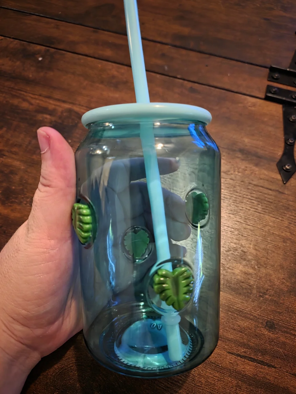 Aqua Blue Glass Tumbler with Leaf Accents and Straw